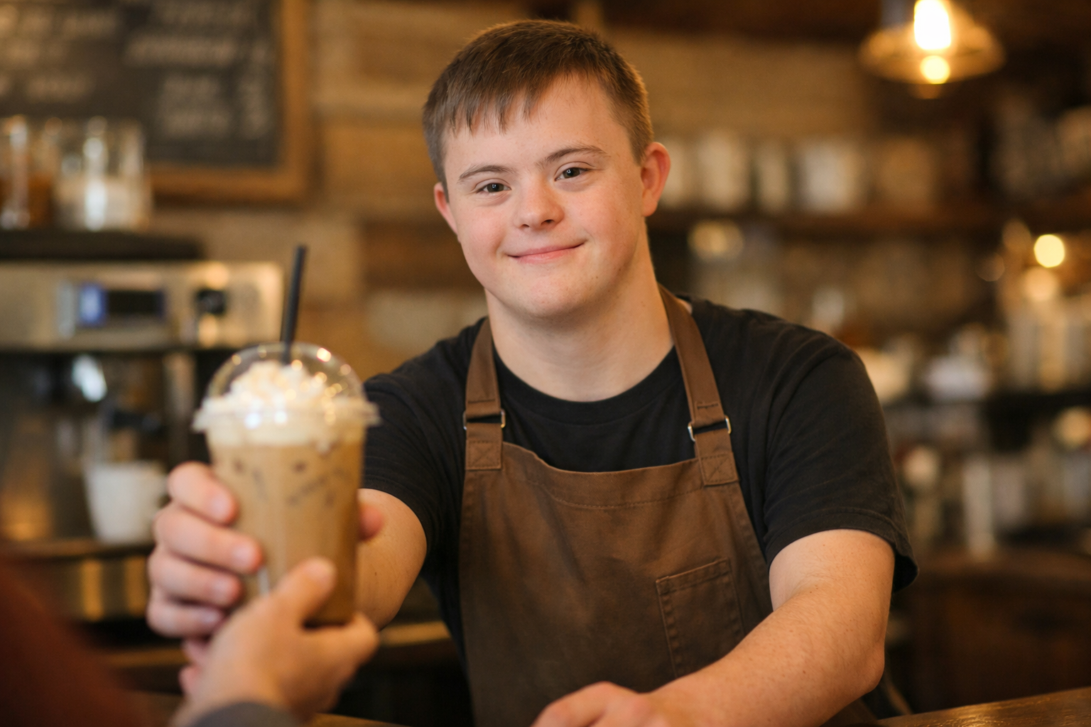 Youth working in a coffee shop, handing a coffee to an unseen customer